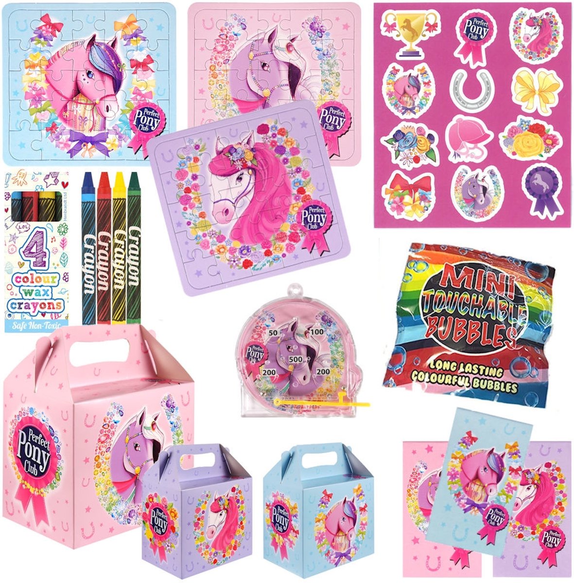 10 STUKS | LUXE PONY / PAARDEN Traktatie Doos INCLUSIEF Uitdeel Kados. Bestaande uit: Uitdeelbox, Krijtjes, Notitieblok, Flipperspel, Puzzel, Stickervel en Bellenblaas | Meisjes | Tractatiedozen voor Verjaardagen en Kinderfeestjes